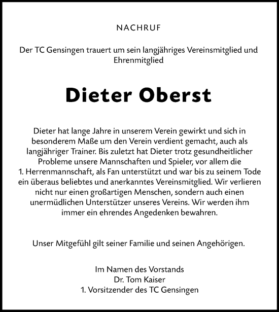 Traueranzeige von Dieter Oberst von Allgemeine Zeitung Rheinhessen-Nahe