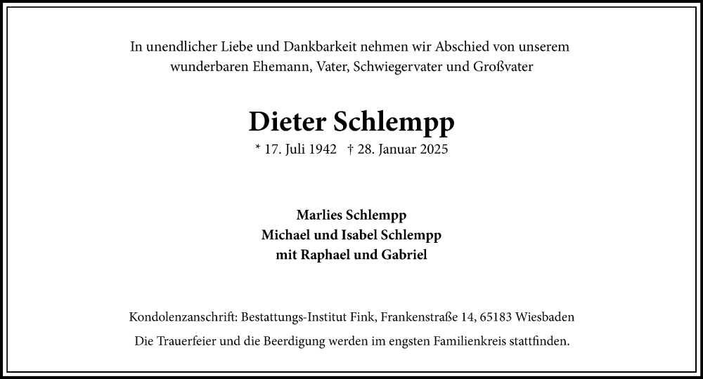  Traueranzeige für Dieter Schlempp vom 05.02.2025 aus Wiesbadener Kurier