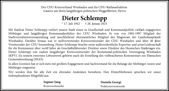 Traueranzeige von Dieter Schlempp von Wiesbadener Kurier