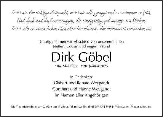 Traueranzeige von Dirk Göbel von Wiesbadener Kurier