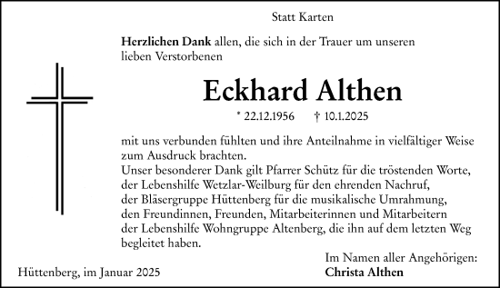 Traueranzeige von Eckhard Althen von Wetzlarer Neue Zeitung