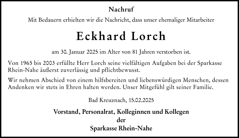  Traueranzeige für Eckhard Lorch vom 15.02.2025 aus Allgemeine Zeitung Rheinhessen-Nahe