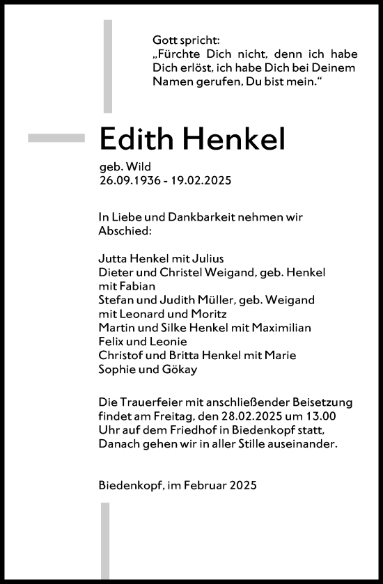 Traueranzeige von Edith Henkel von Hinterländer Anzeiger