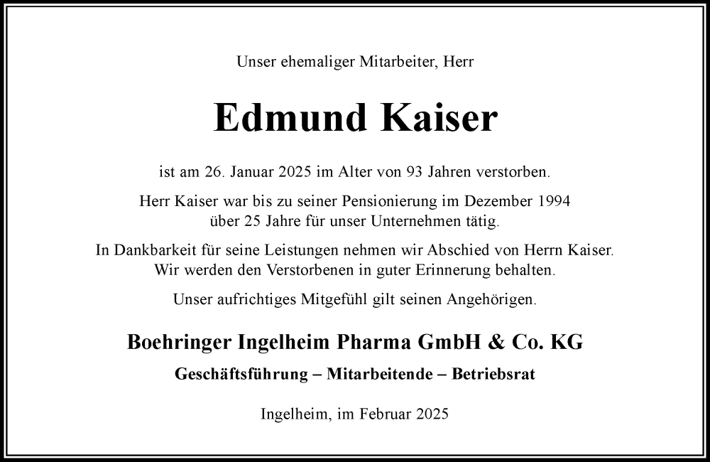  Traueranzeige für Edmund Kaiser vom 08.02.2025 aus Allgemeine Zeitung Rheinhessen-Nahe