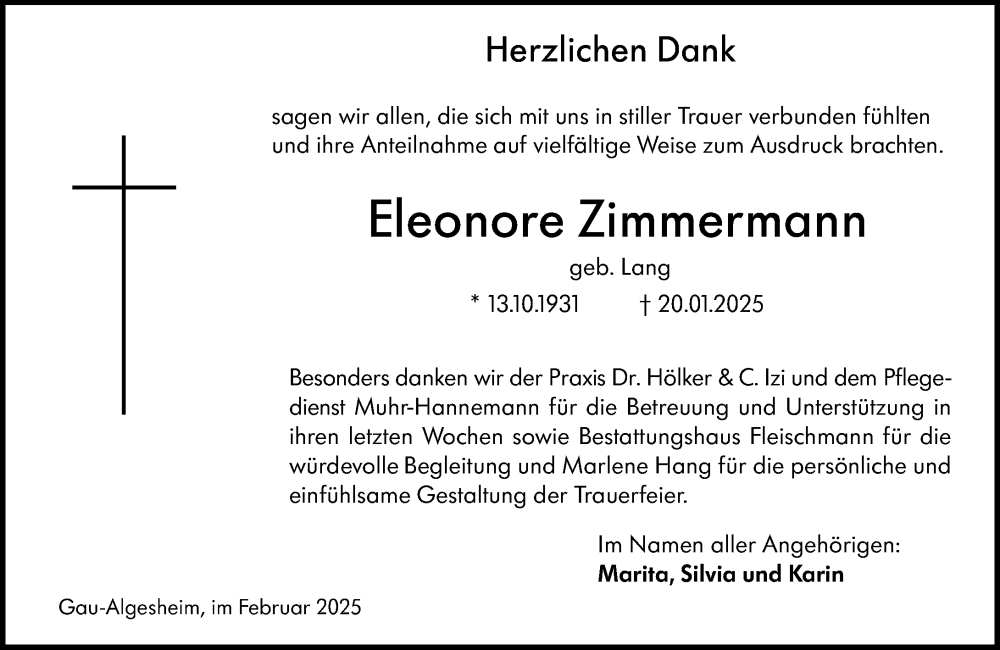  Traueranzeige für Eleonore Zimmermann vom 22.02.2025 aus Allgemeine Zeitung Rheinhessen-Nahe