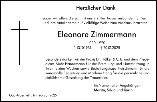 Traueranzeige von Eleonore Zimmermann von Allgemeine Zeitung Rheinhessen-Nahe