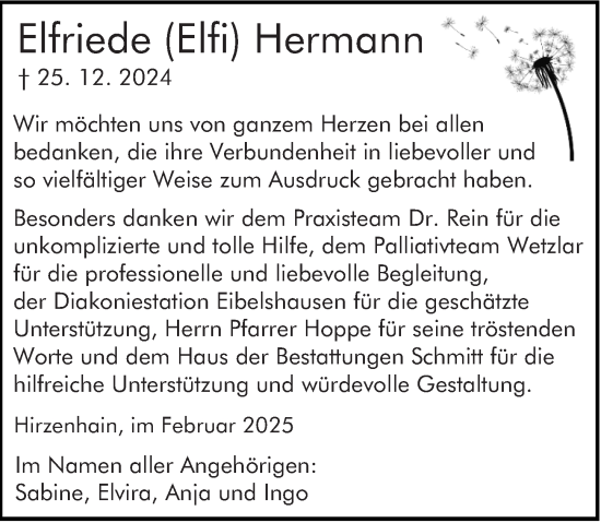 Traueranzeige von Elfriede Hermann von Dill Block