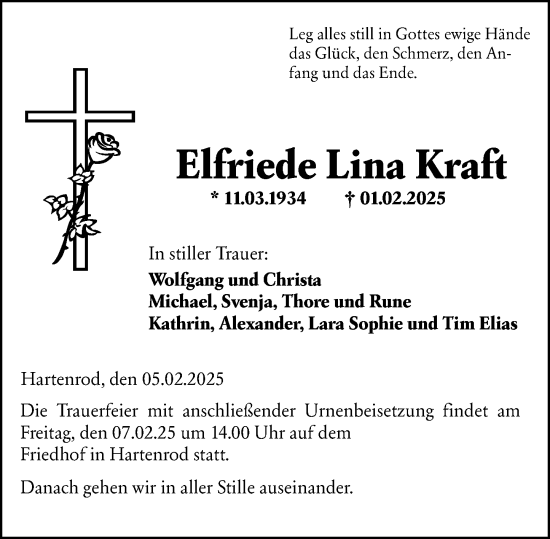 Traueranzeige von Elfriede Lina Kraft von Hinterländer Anzeiger