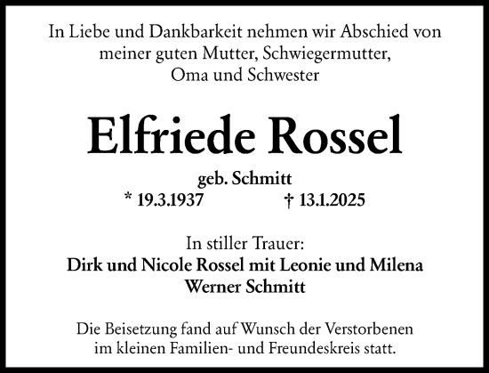 Traueranzeige von Elfriede Rossel Rossel von Wiesbadener Kurier