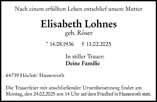 Traueranzeige von Elisabeth Lohnes von Odenwälder Echo