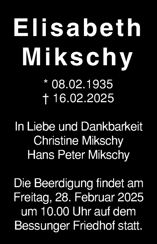 Traueranzeige von Elisabeth Mikschy von Darmstädter Echo