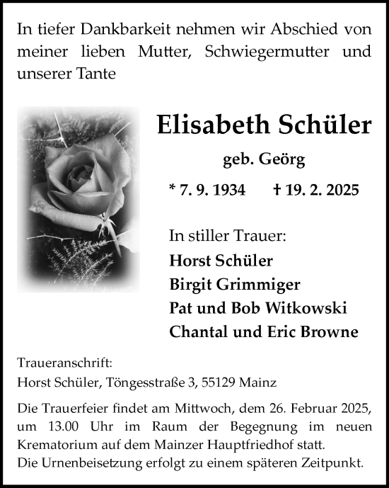 Traueranzeige von Elisabeth Schüler von Allgemeine Zeitung Mainz
