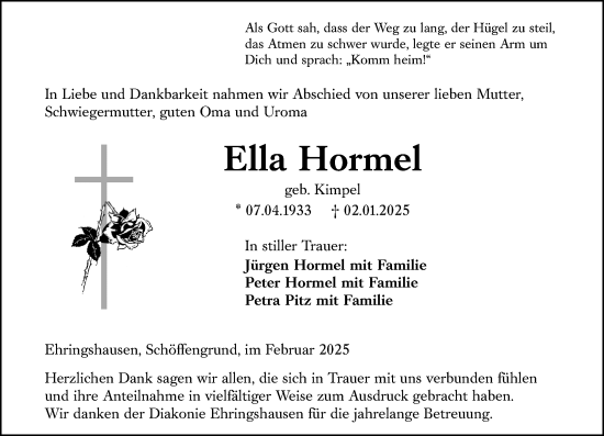 Traueranzeige von Ella Hormel von Wetzlarer Neue Zeitung