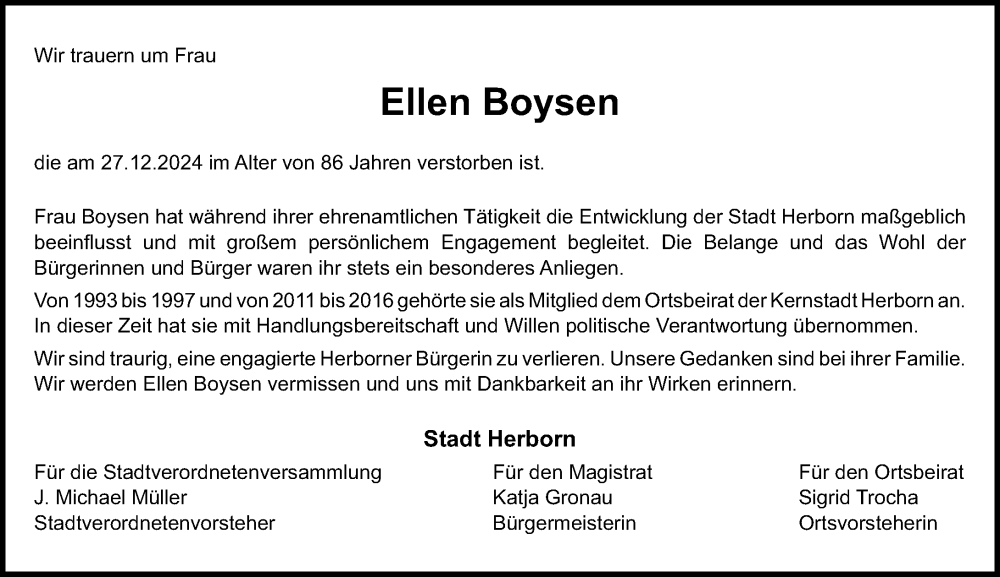  Traueranzeige für Ellen Boysen vom 07.02.2025 aus Dill Block