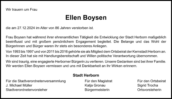 Traueranzeige von Ellen Boysen von Dill Block