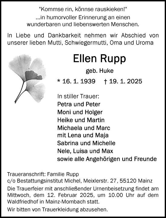 Traueranzeige von Ellen Rupp von Allgemeine Zeitung Mainz