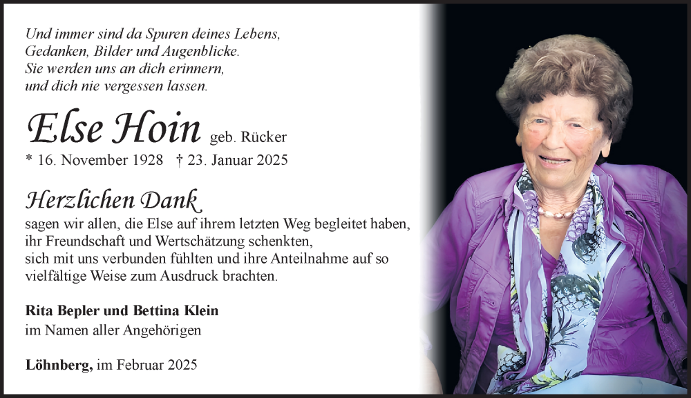  Traueranzeige für Else Hoin vom 08.02.2025 aus Weilburger Tageblatt