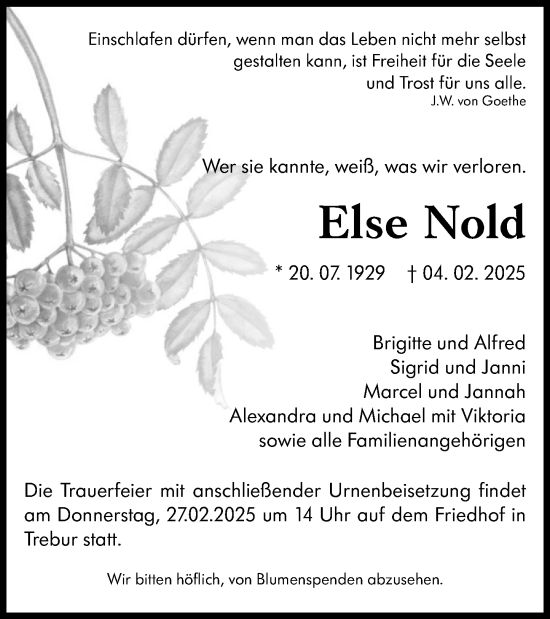 Traueranzeige von Else Nold von Rüsselsheimer Echo