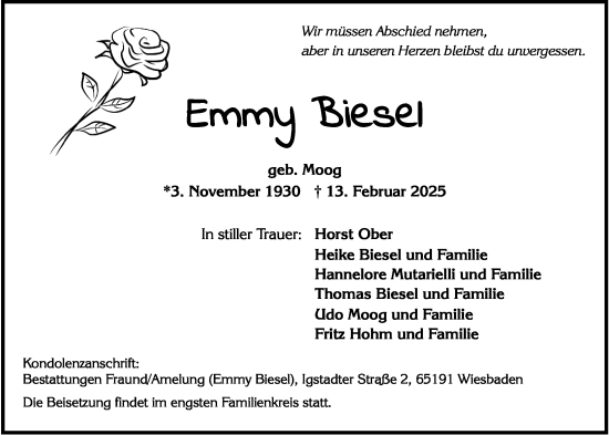 Traueranzeige von Emmy Biesel von Wiesbadener Kurier