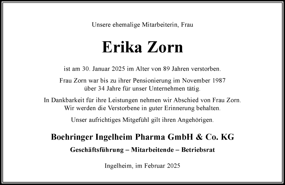  Traueranzeige für Erika Zorn vom 10.02.2025 aus Allgemeine Zeitung Rheinhessen-Nahe