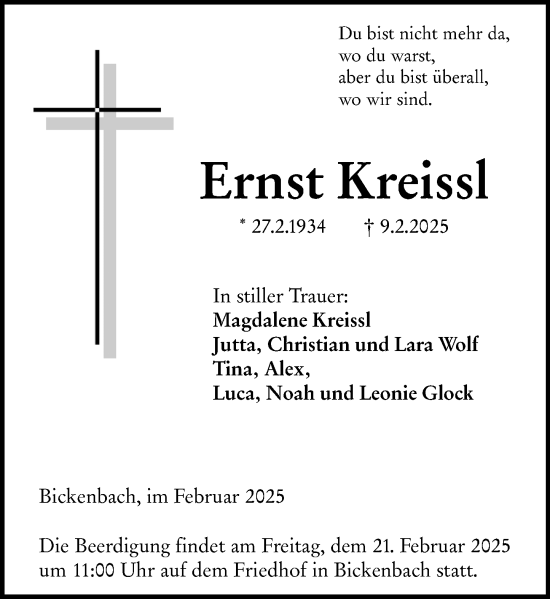 Traueranzeige von Ernst Kreissl von Darmstädter Echo