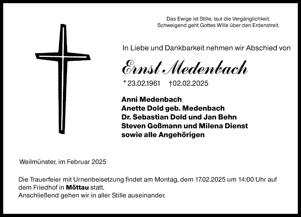  Traueranzeige für Ernst Medenbach vom 12.02.2025 aus Weilburger Tageblatt