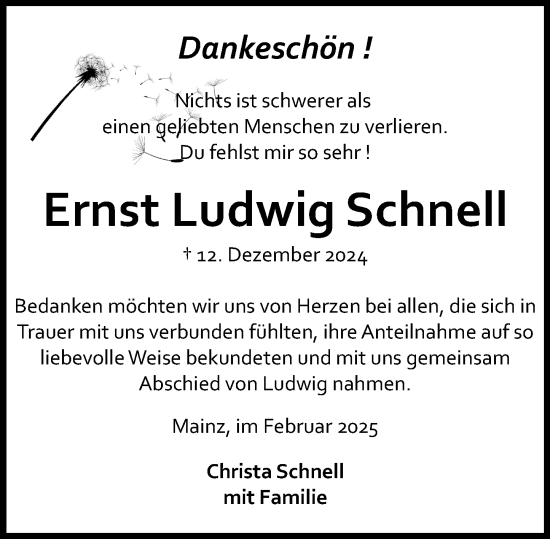 Traueranzeige von Ernst Ludwig Schnell von Allgemeine Zeitung Mainz