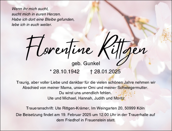 Traueranzeige von Florentine Rittgen von Wiesbadener Kurier