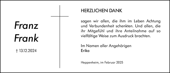 Traueranzeige von Franz Frank von Starkenburger Echo