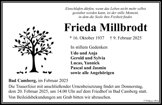 Traueranzeige von Frieda Millbrodt von Camberger Anzeiger