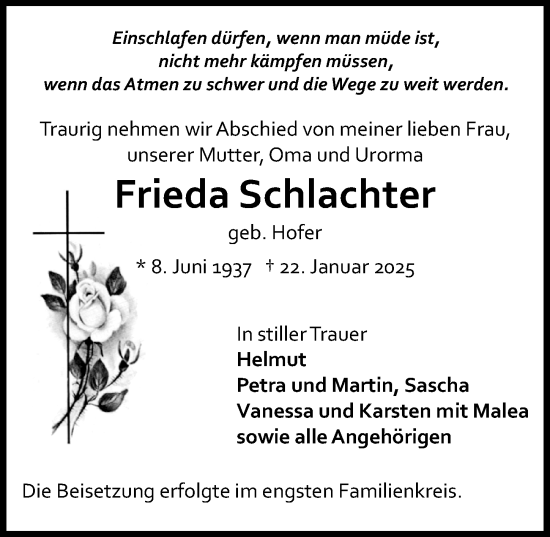 Traueranzeige von Frieda Schlachter von Allgemeine Zeitung Mainz