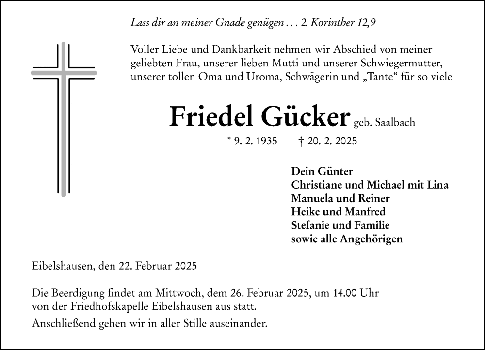  Traueranzeige für Friedel Gücker vom 22.02.2025 aus Dill Block
