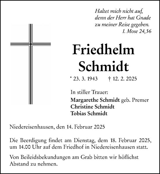 Traueranzeige von Friedhelm Schmidt von Hinterländer Anzeiger
