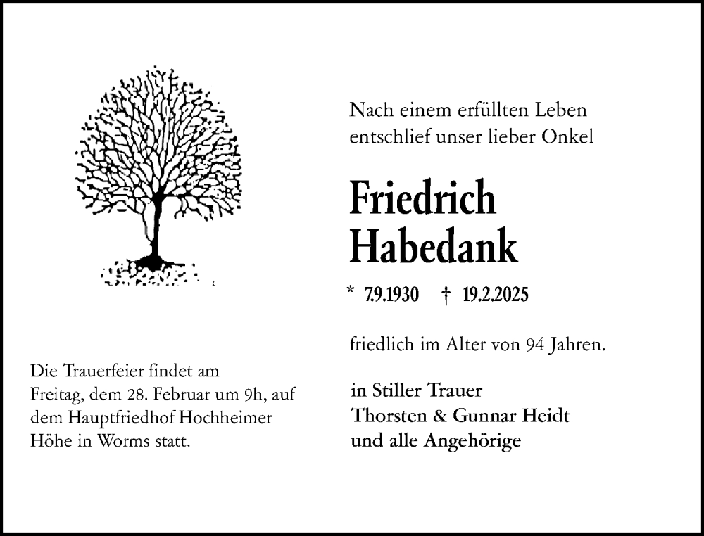  Traueranzeige für Friedrich Habedank vom 22.02.2025 aus Wormser Zeitung