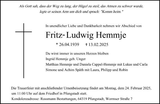 Traueranzeige von Fritz-Ludwig Hemmje von Darmstädter Echo