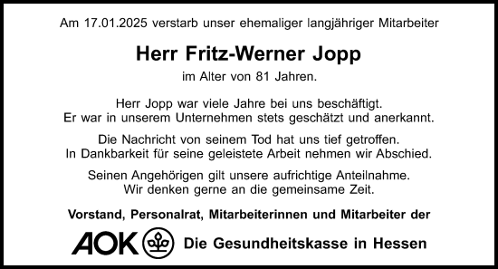 Traueranzeige von Fritz-Werner Jopp von Weilburger Tageblatt