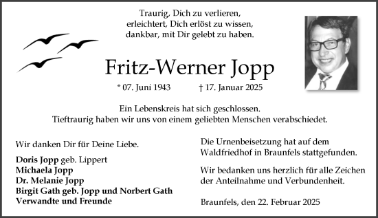 Traueranzeige von Fritz-Werner Jopp von Wetzlarer Neue Zeitung