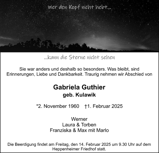 Traueranzeige von Gabriela Guthier von Starkenburger Echo
