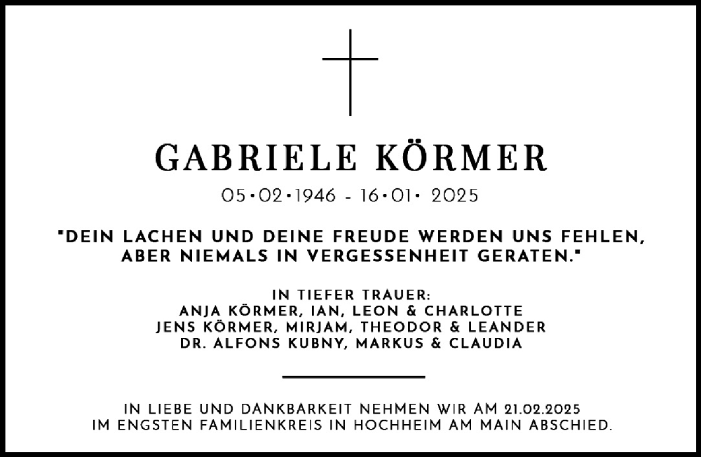  Traueranzeige für Gabriele Körmer vom 14.02.2025 aus Hochheimer Zeitung