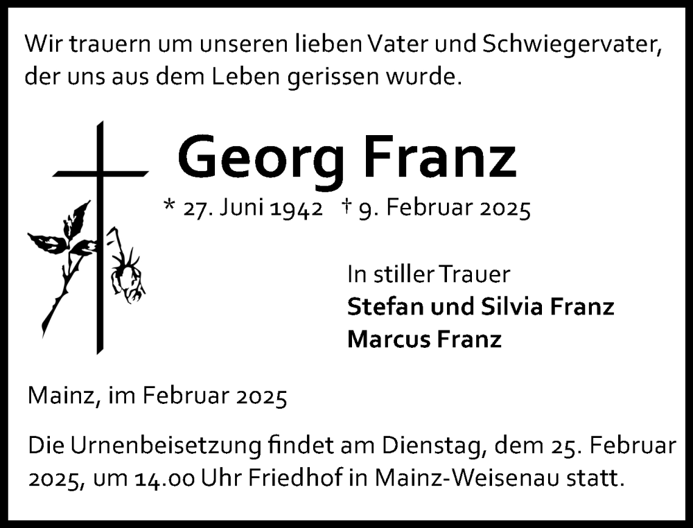  Traueranzeige für Georg Franz vom 22.02.2025 aus Allgemeine Zeitung Mainz