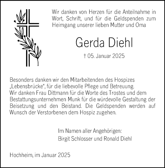 Traueranzeige von Gerda Diehl von Hochheimer Zeitung