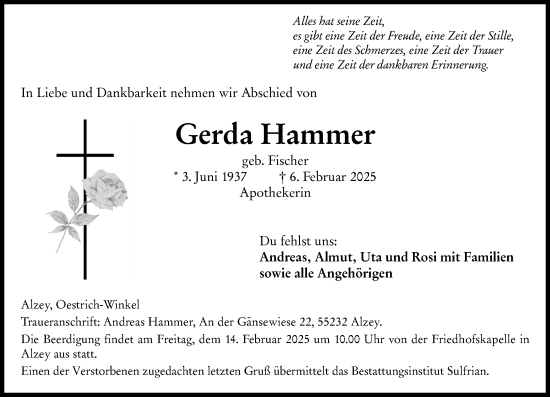 Traueranzeige von Gerda Hammer von Allgemeine Zeitung Alzey
