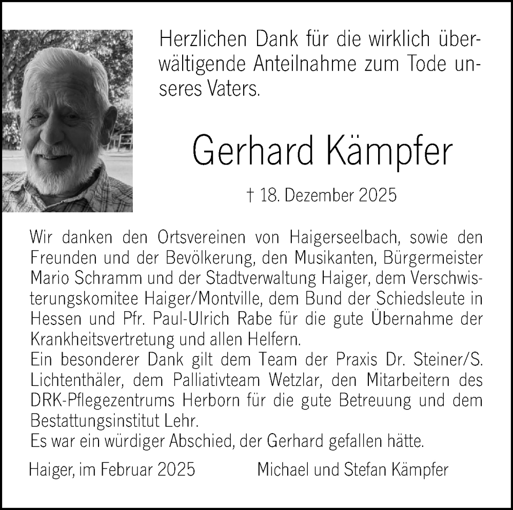  Traueranzeige für Gerhard Kämpfer vom 15.02.2025 aus Dill Block