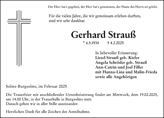 Traueranzeige von Gerhard Strauß von Wetzlarer Neue Zeitung