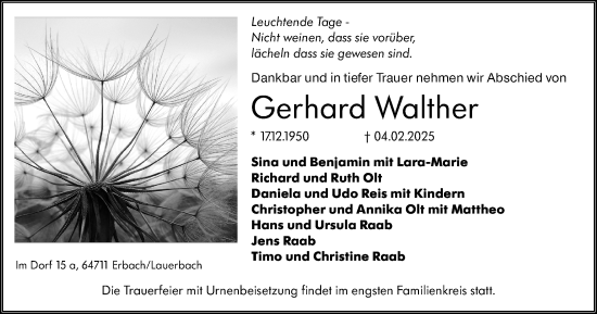 Traueranzeige von Gerhard Walther von Odenwälder Echo