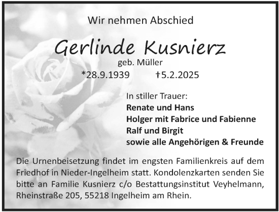 Traueranzeige von Gerlinde Kusnierz von Allgemeine Zeitung Rheinhessen-Nahe