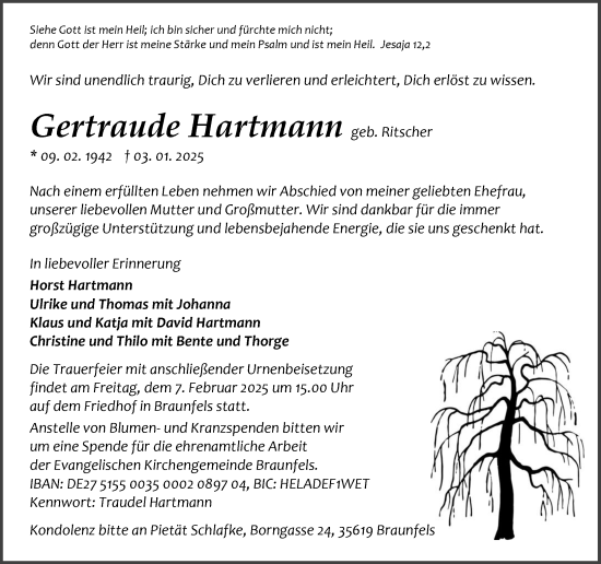 Traueranzeige von Gertraude Hartmann von Wetzlarer Neue Zeitung