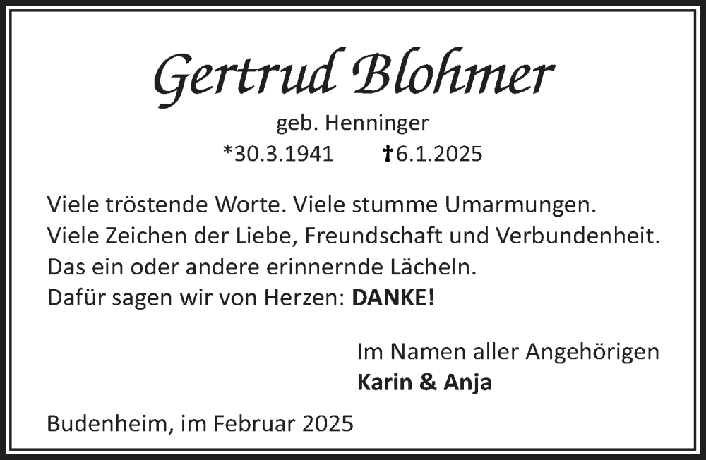  Traueranzeige für Gertrud Blohmer vom 15.02.2025 aus Allgemeine Zeitung Mainz