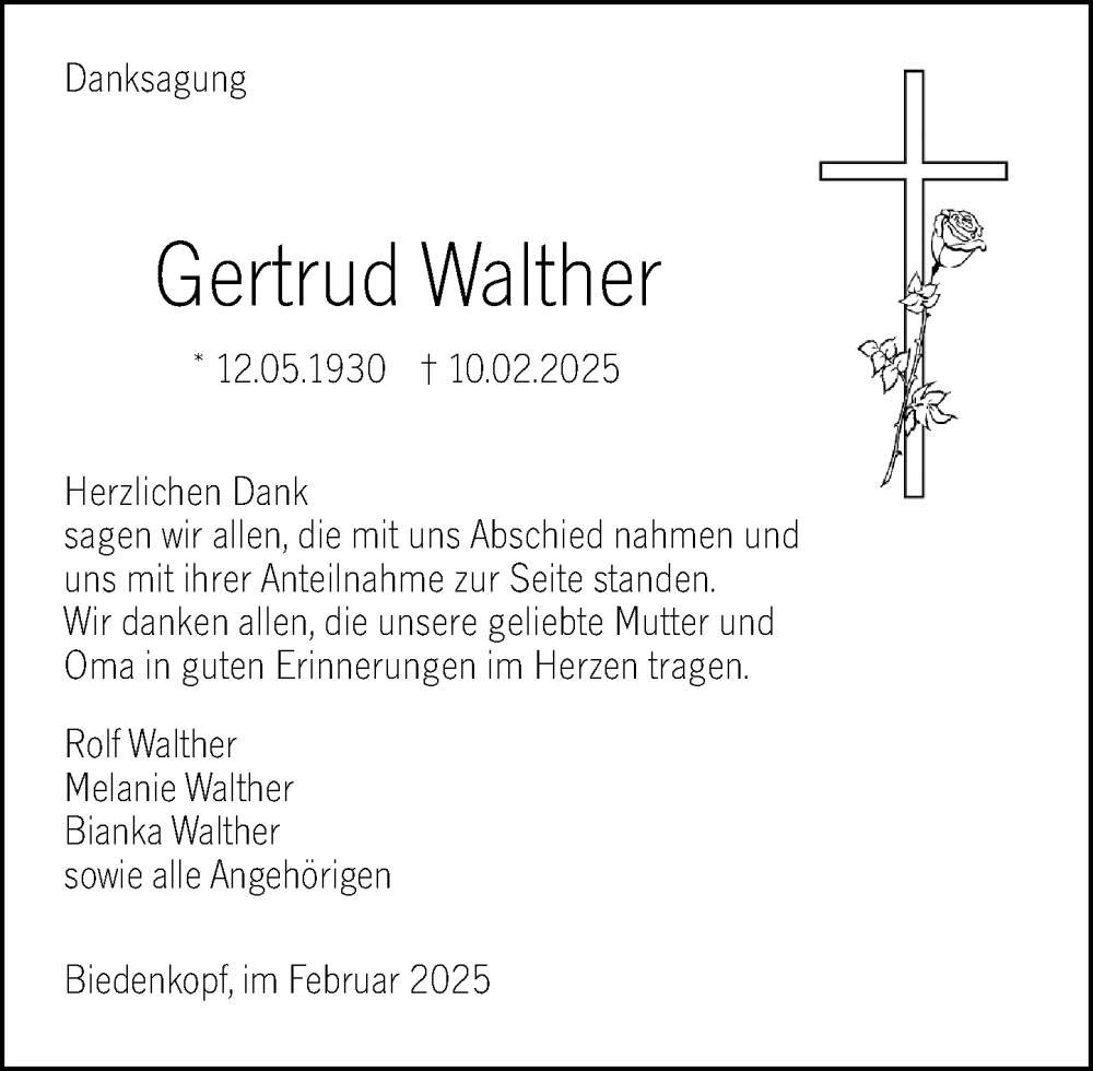  Traueranzeige für Gertrud Walther vom 28.02.2025 aus Hinterländer Anzeiger