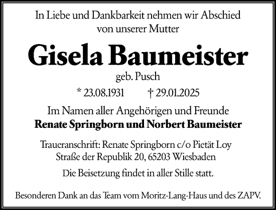 Traueranzeige von Gisela Baumeister von Wiesbadener Kurier